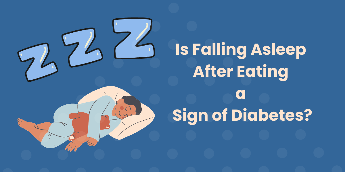 There is a person sleeping on a pillow with "ZZZ" above them and the text, "Is falling asleep after eating a sign of diabetes?"