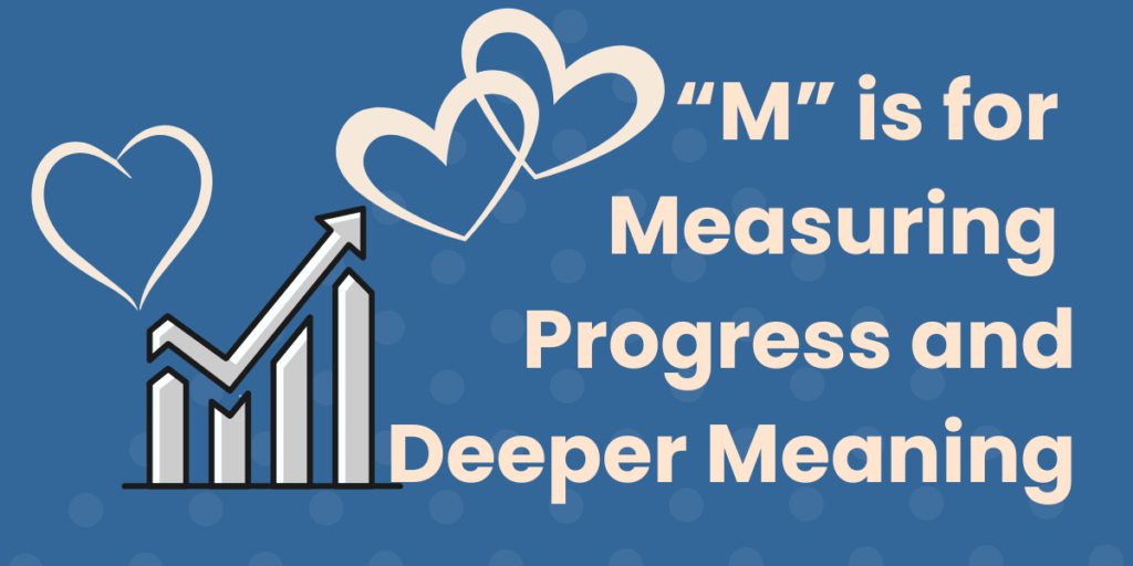 Title, "'M' is for measuring progress and deeper meaning" on the right with a graphical element of a bar graph and hearts on the left