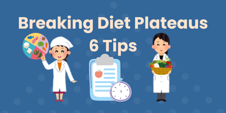 Title, "Breaking Diet Plateaus: 6 Tips" with a graphical image of a woman carrying a basket of produce on the right and another woman wearing a white coat and pointing to a circular pie chart with different food groups on the left. There is a checklist in the middle.