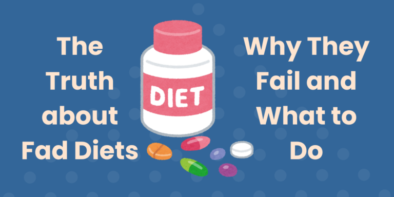 Titled, "The Truth about Fad Diets: Why They Fail and What to Do". There is a graphical image of a pill bottle in the middle with the word, "diet" on the label.