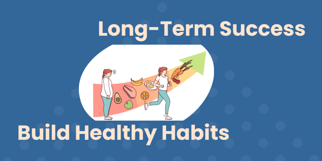 Titled, "Build Healthy Habits for Long-term Success" with a graphical representation of a woman following an arrow that seems like a path of clean foods and exercising to achieve successful health.