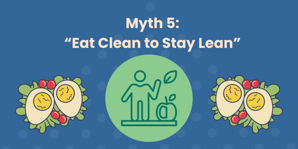 Titled, "Myth 5: 'Eat Clean to Stay Lean'" across the top with graphical images of an egg salad and a person in the middle with an apple.