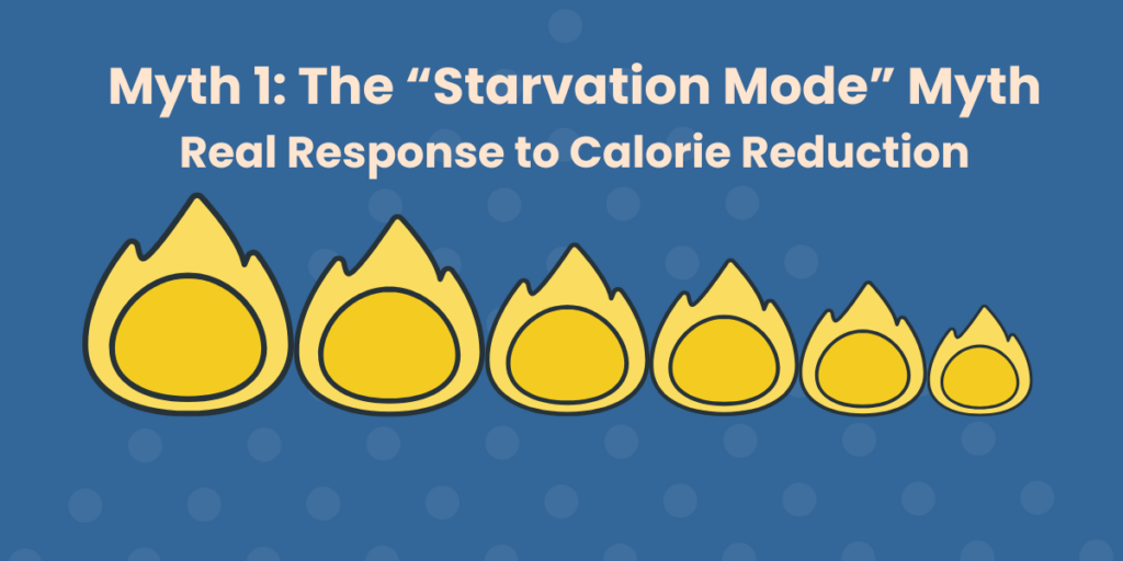 Titled, "Myth 1: The 'Starvation Mode' Myth: Real Response to Calorie Reduction" across the top. There are graphical representations of flames progressively decreasing in size from left to right.