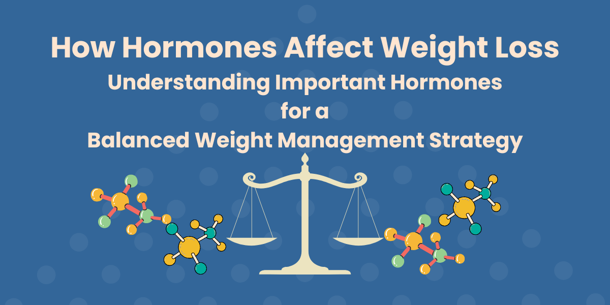 Titled, "How Hormones Affect Weight Loss: Understanding Important Hormones for a Balanced Weight Management Strategy". Beneath the title, there is a graphical depiction of a balance scale with molecules on either side of the scale.